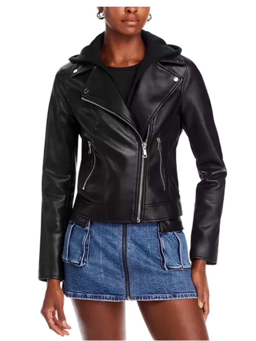 NWOT Aqua Black Faux Leather Moto Jacket with Hood